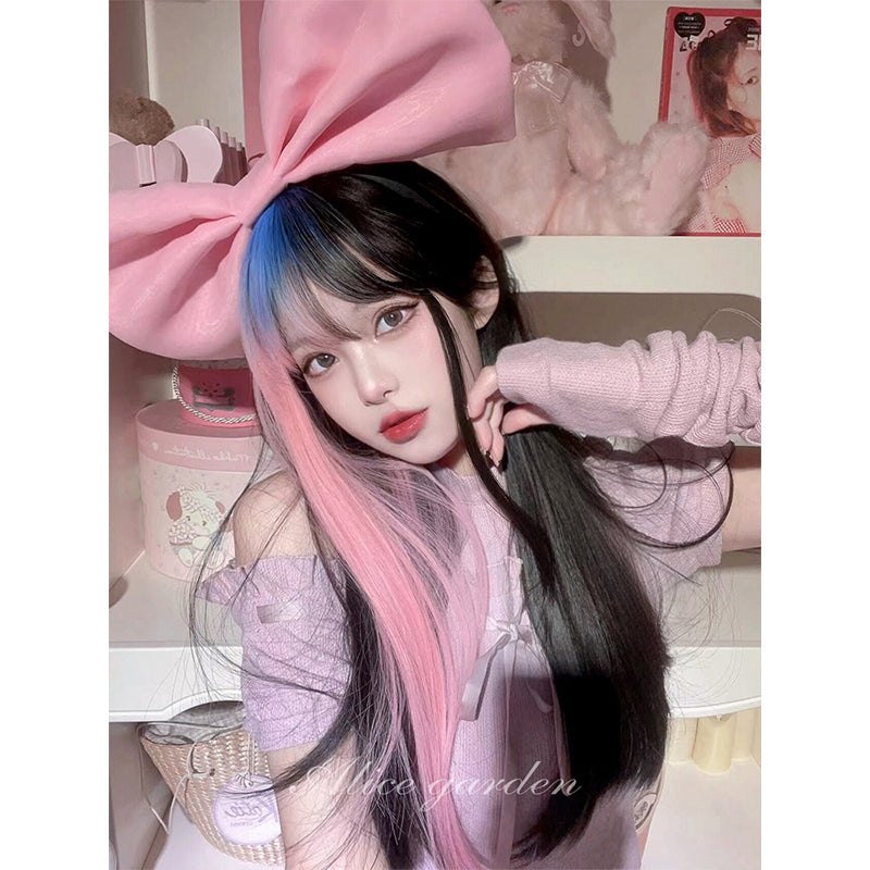Casual Series Long Black Wig With Pink and Blue ON982
