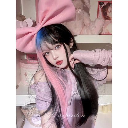 Casual Series Long Black Wig With Pink and Blue ON982 MK Kawaii Store