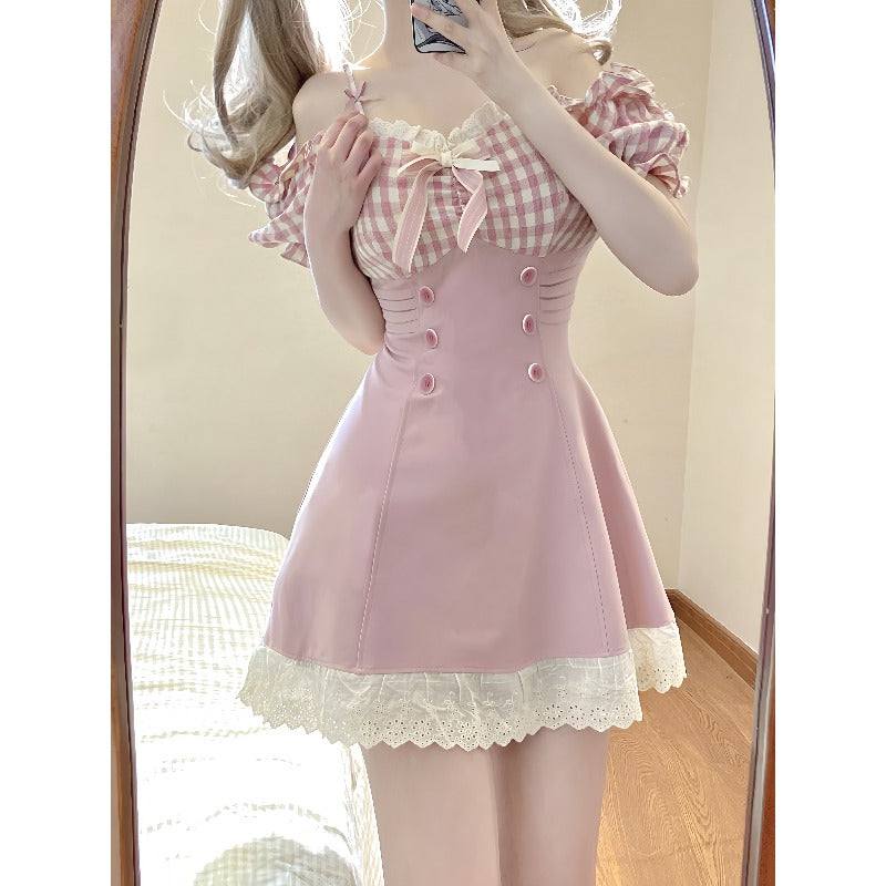 Kawaii Pink Dreamy Checkered Top Lace Dress ON932