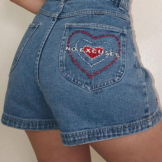 Heart Embroidery Denim Shorts