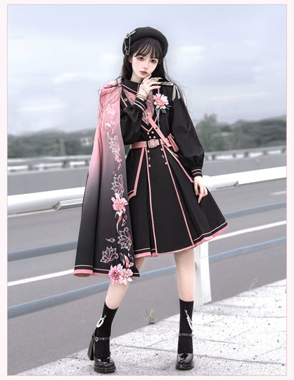 Black Pink Military Lolita Cape and Dress ON1089 MK Kawaii Store