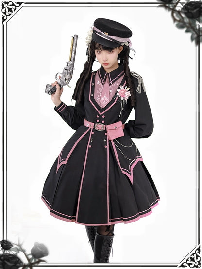 Black Pink Military Lolita Cape and Dress ON1089 MK Kawaii Store