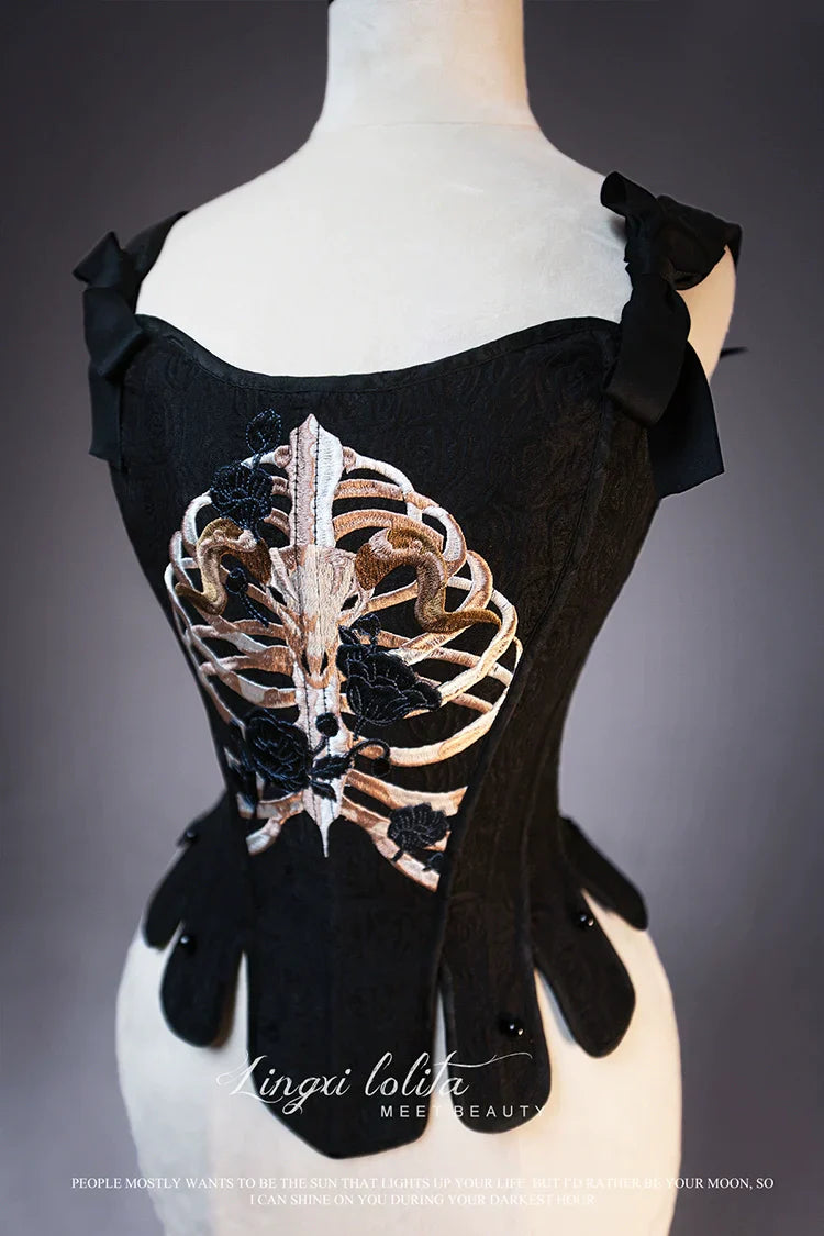 (BFM)Lingxi Lolita~Bone island Gothic Lolita Corset Goth Blouse Skirt Set   