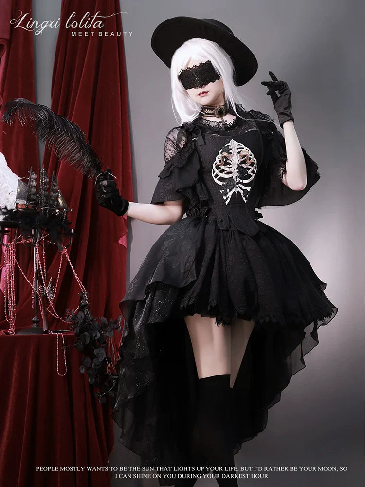 (BFM)Lingxi Lolita~Bone island Gothic Lolita Corset Goth Blouse Skirt Set   