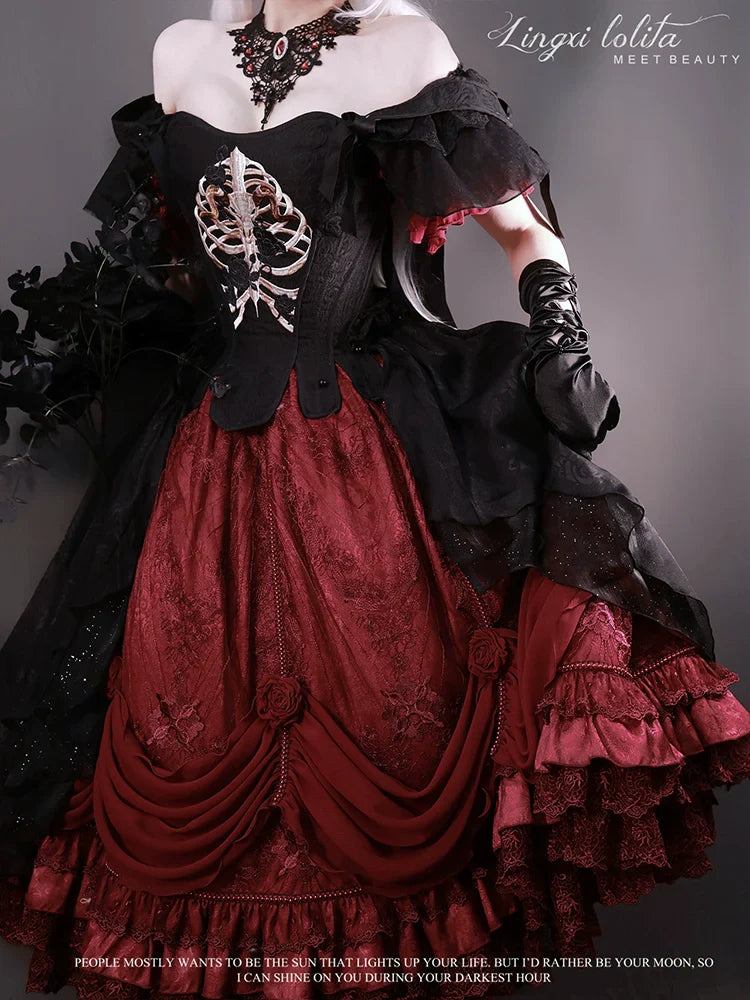 (BFM)Lingxi Lolita~Bone island Gothic Lolita Corset Goth Blouse Skirt Set   