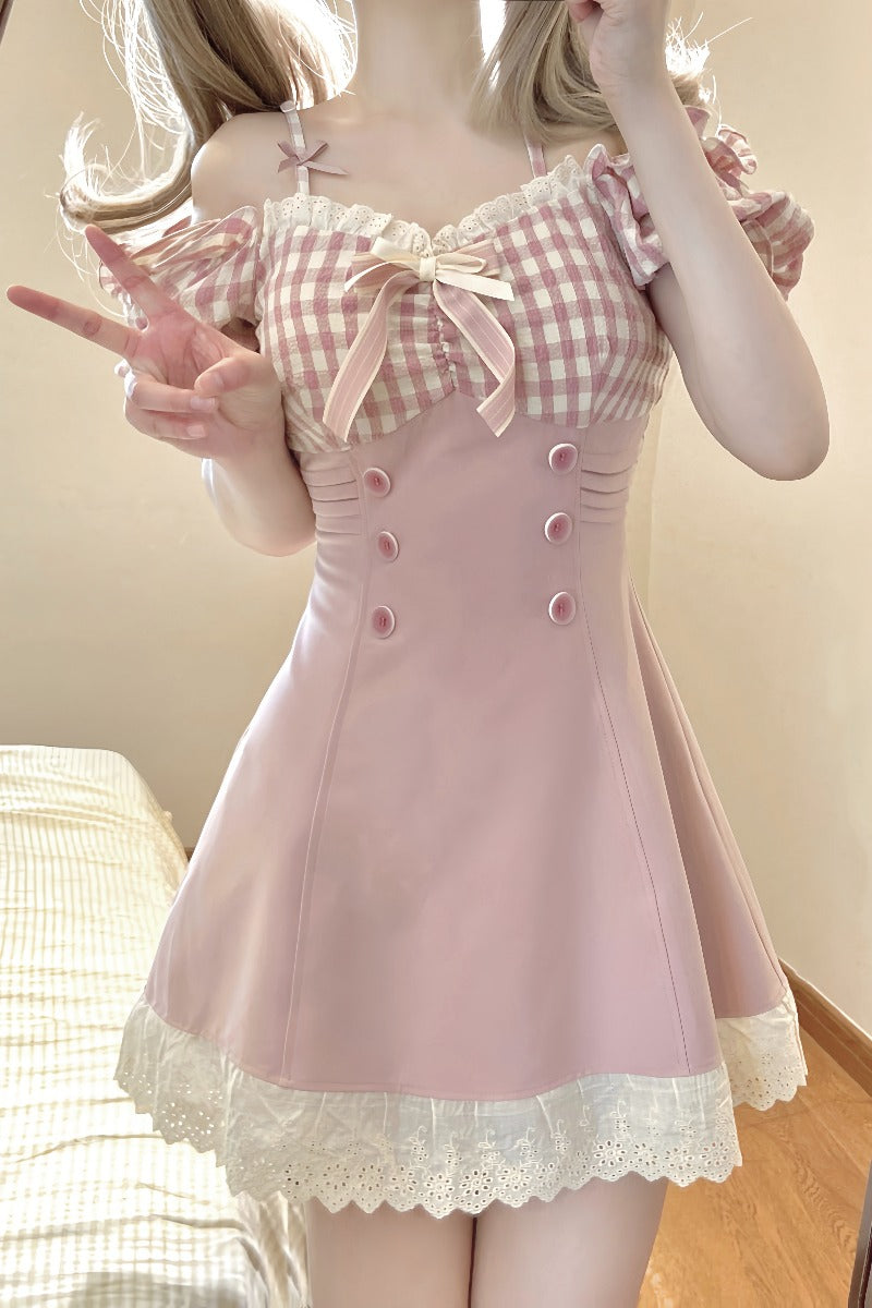 Kawaii Pink Dreamy Checkered Top Lace Dress ON932 MK Kawaii Store