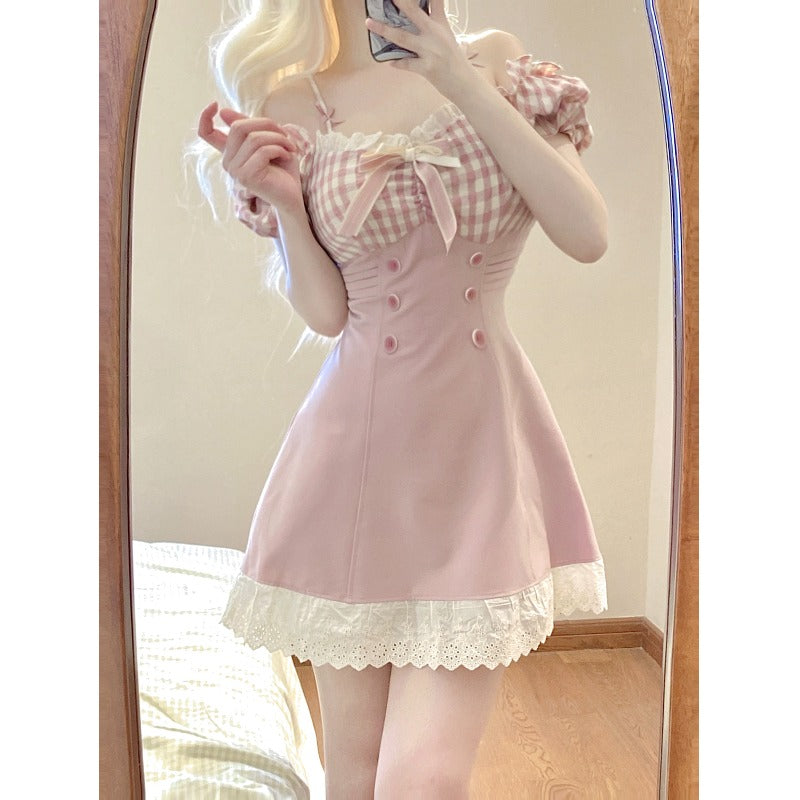 Kawaii Pink Dreamy Checkered Top Lace Dress ON932