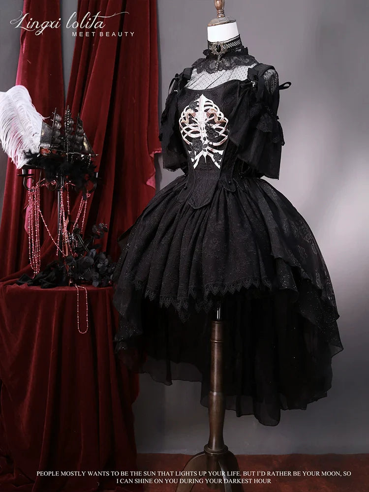 (BFM)Lingxi Lolita~Bone island Gothic Lolita Corset Goth Blouse Skirt Set   