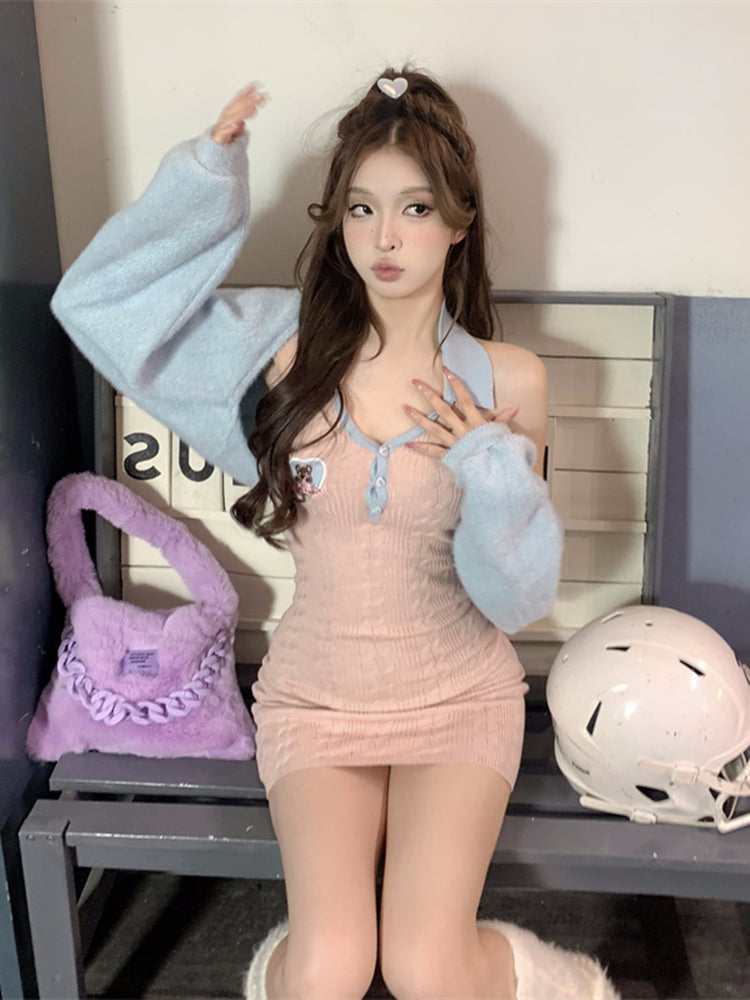 Pastel Pink Blue K-pop Style Outfit Dress and Sweater Set ON961