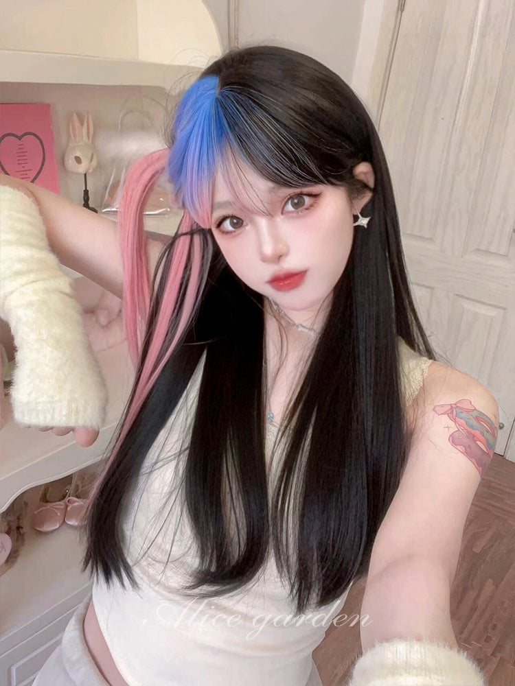 Casual Series Long Black Wig With Pink and Blue ON982 MK Kawaii Store