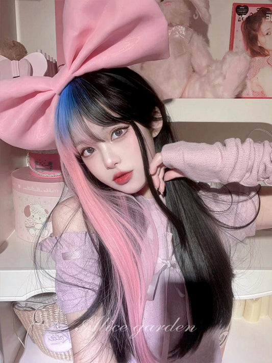 Casual Series Long Black Wig With Pink and Blue ON982 MK Kawaii Store