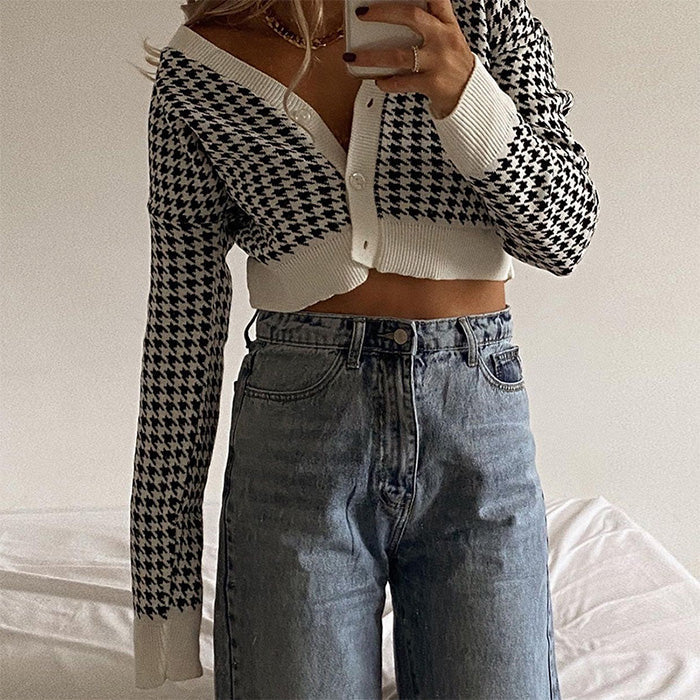 Black Check Crop Cardigan