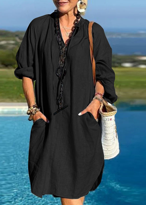 Blue Organic Mid Neck Vacation Pockets Dresses V Patchwork Light