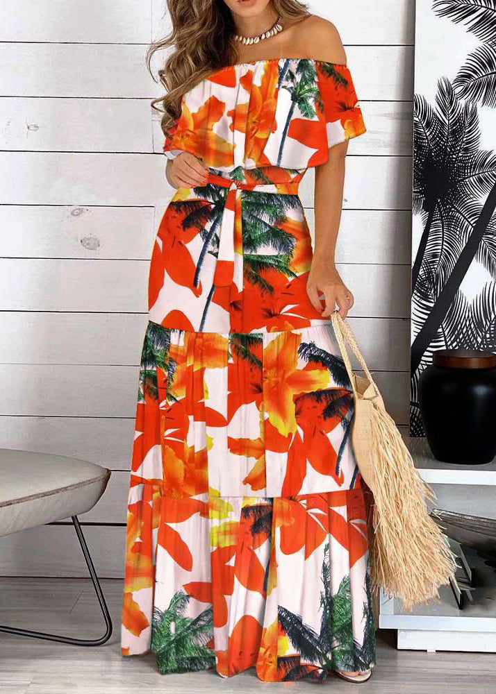 Dresses Patchwork Summer Tunic Slash Neck Red Organic Long