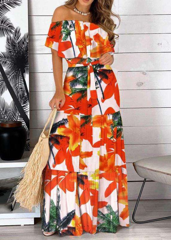 Dresses Patchwork Summer Tunic Slash Neck Red Organic Long