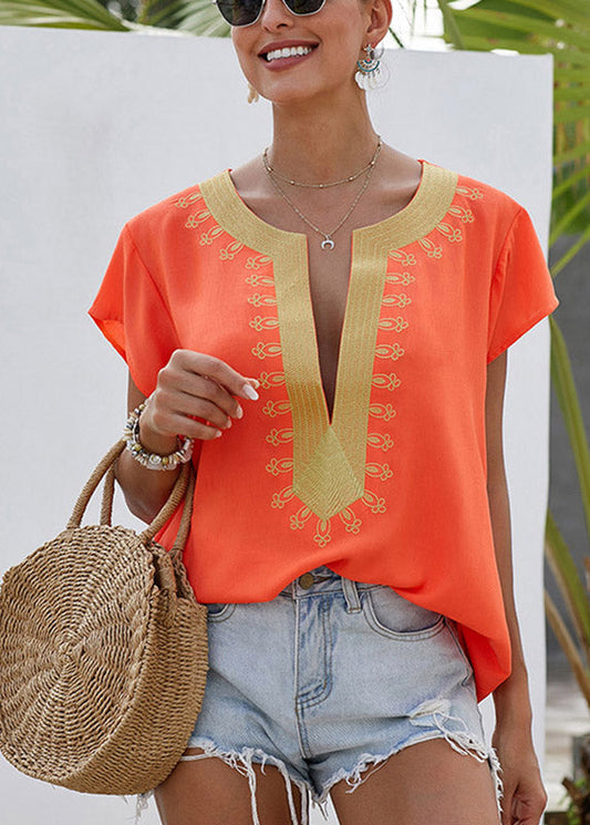 Sleeve O-Neck Print Top Short Orange Design Original