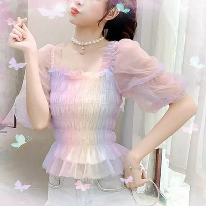 Pastel Rainbow Kawaii Princess Tulle Blouse