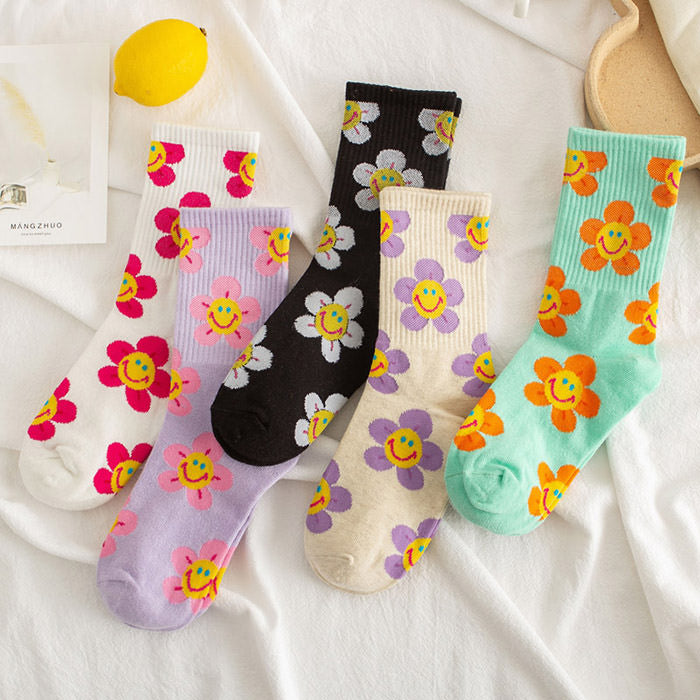 Kawaii Smile Face Flowers Socks