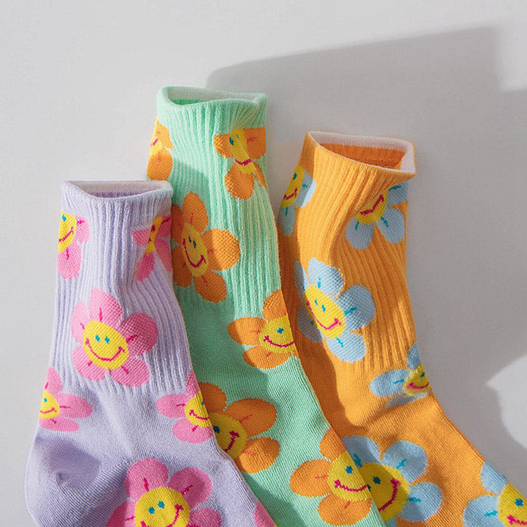 Kawaii Smile Face Flowers Socks