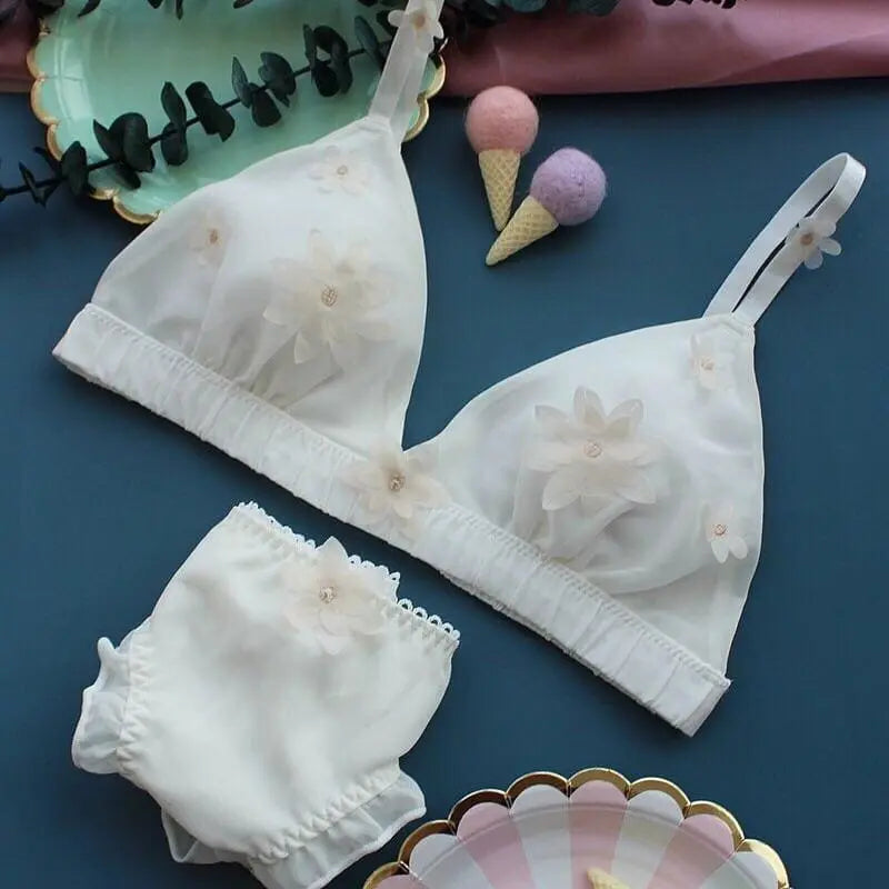 Cute White/Green/Pink 3D Flower Decorated Fairy Lolita Lingerie Set MM1177