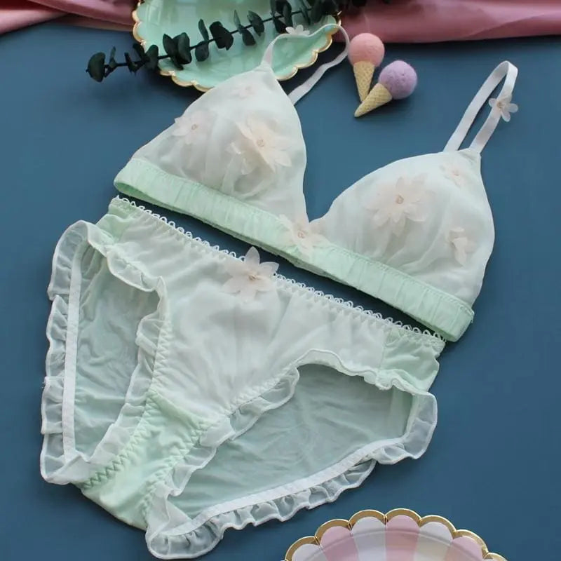 Cute White/Green/Pink 3D Flower Decorated Fairy Lolita Lingerie Set MM1177