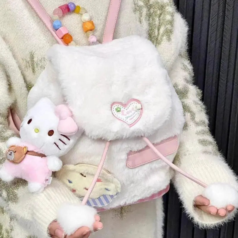 Kawaii Aesthetic Y2K Cute Fairy Pink Heart Plush Backpack - Kimi MK Kawaii Store