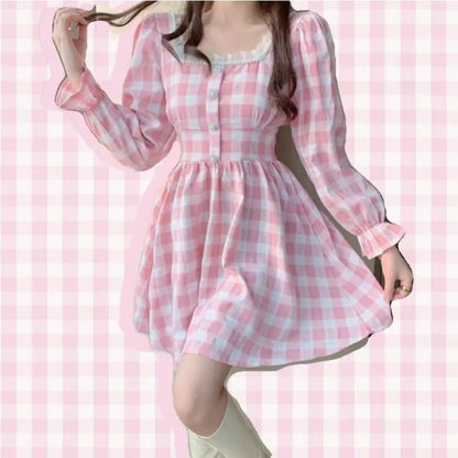 Mini-robe princesse Kawaii à carreaux rose