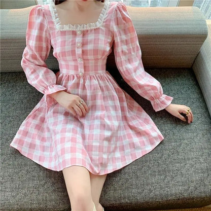 Mini-robe princesse Kawaii à carreaux rose