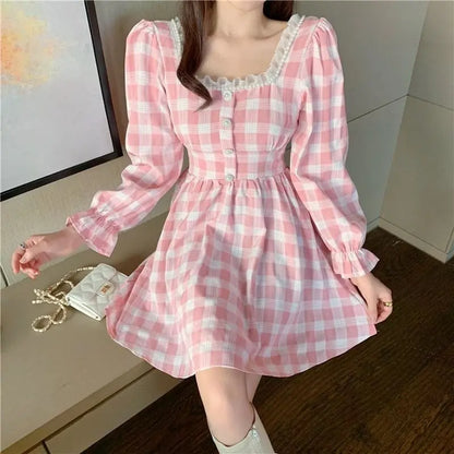 Mini-robe princesse Kawaii à carreaux rose