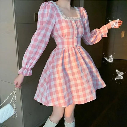 Mini-robe princesse Kawaii à carreaux rose