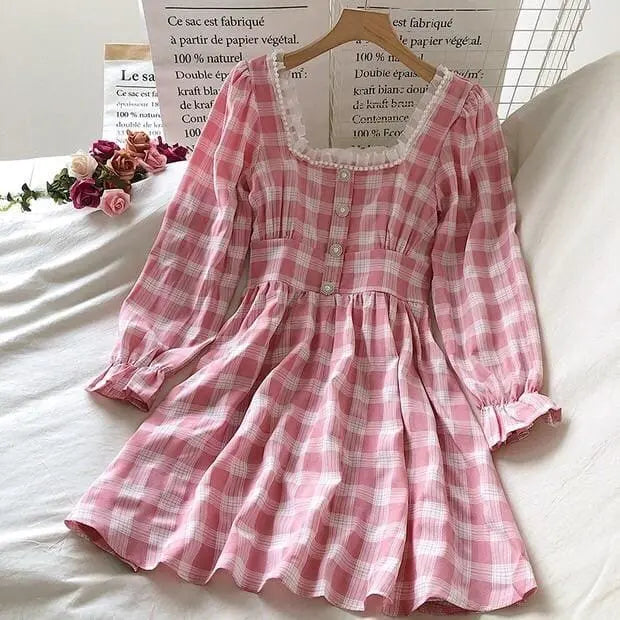 Pink Plaid Kawaii Princess Mini Dress