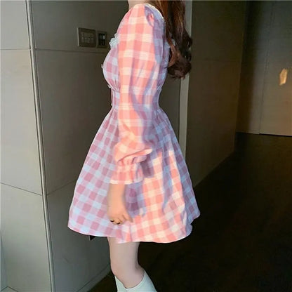 Mini-robe princesse Kawaii à carreaux rose