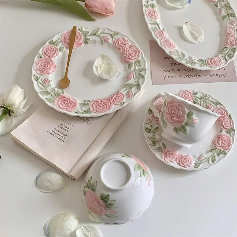 Kawaii Aesthetic Y2K Cute Fairy Pink Retro Roses Cup and Saucer ON1460 spreepickyshop