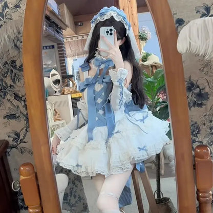 Kawaii Aesthetic Y2K Cute Fairy Pink and Blue Bow Lolita Dress spreepickyshop