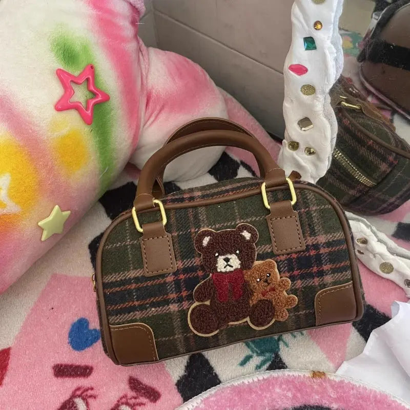 Kawaii Aesthetic Y2K Cute Fairy Plaid Bear Crossbody Bag spreepickyshop