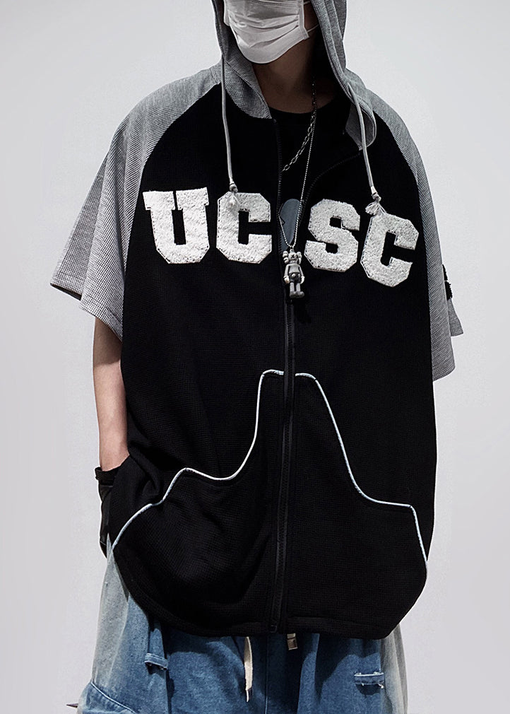 Zippered Plus Sleeve Size Men Patchwork Shirts T Hooded Black Half Cotton