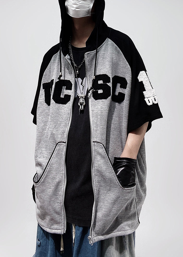 Zippered Plus Sleeve Size Men Patchwork Shirts T Hooded Black Half Cotton