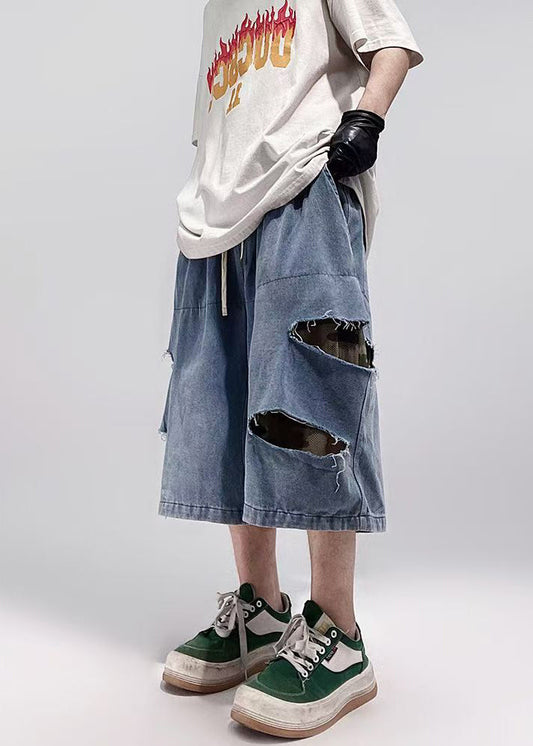 Men Denim Summer Plus Shorts Size Hole Pockets Blue