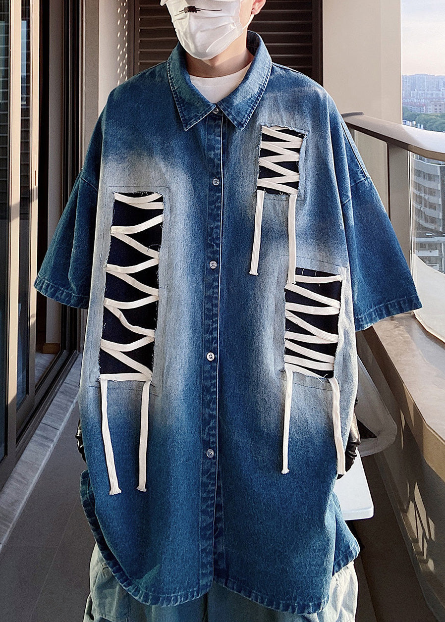 Size Blue Patchwork Shirts Half Sleeve Design Original Plus Men