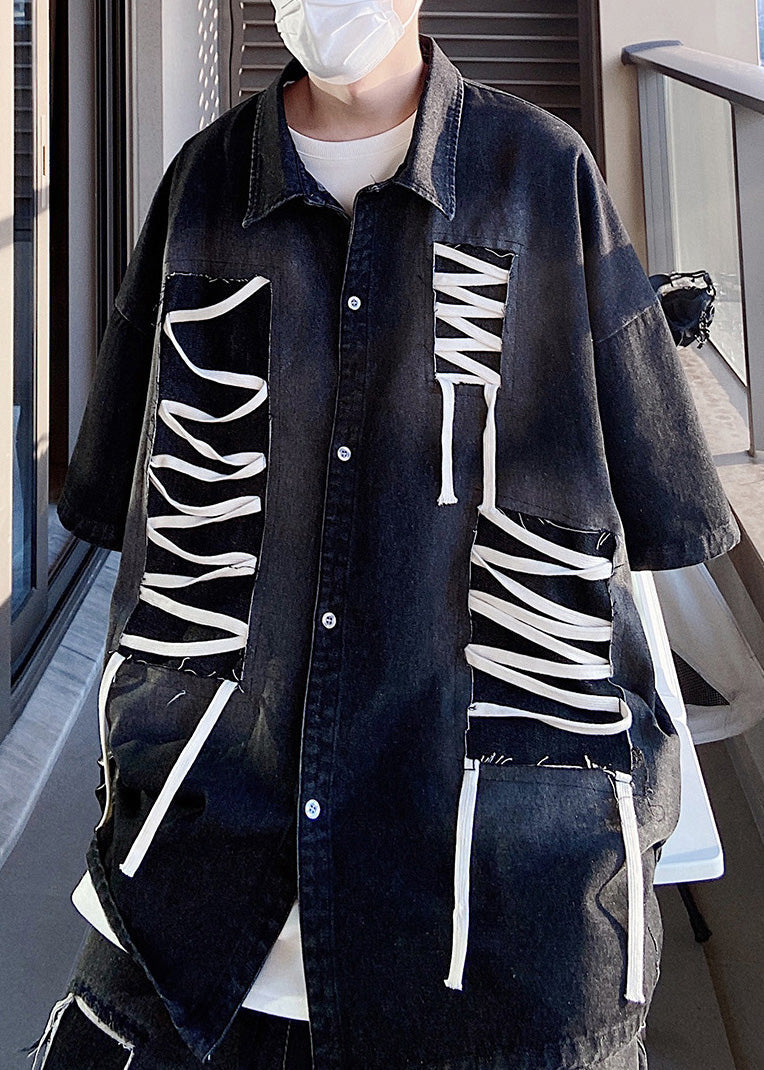 Size Blue Patchwork Shirts Half Sleeve Design Original Plus Men