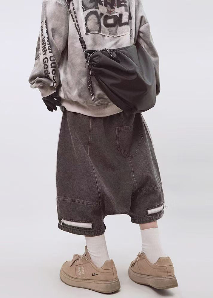 Dark Striped Gray Men Plus Elastic Shorts Waist Size Zippered Summer