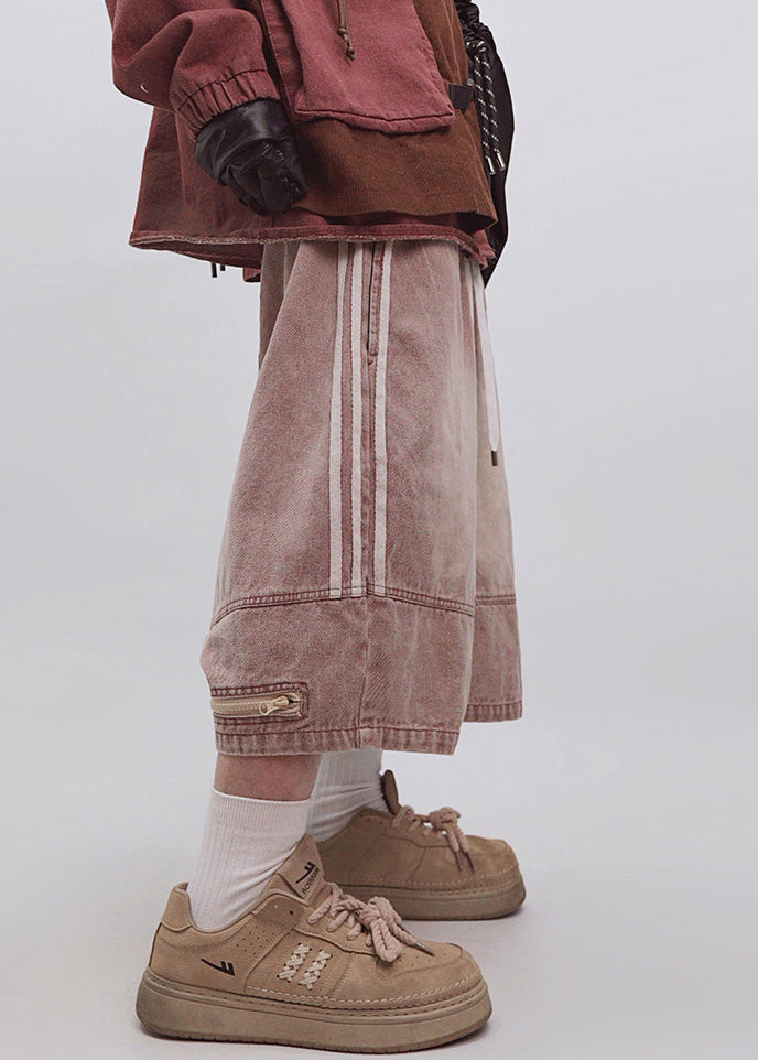 Dark Striped Gray Men Plus Elastic Shorts Waist Size Zippered Summer