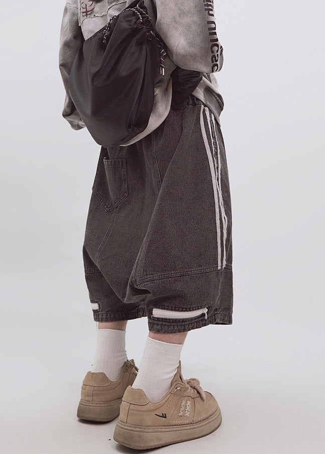 Dark Striped Gray Men Plus Elastic Shorts Waist Size Zippered Summer