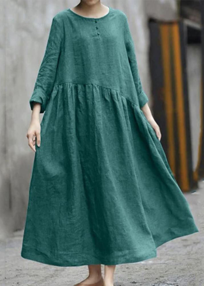 Patchwork Plus Size Fall Long Dresses Green Wrinkled