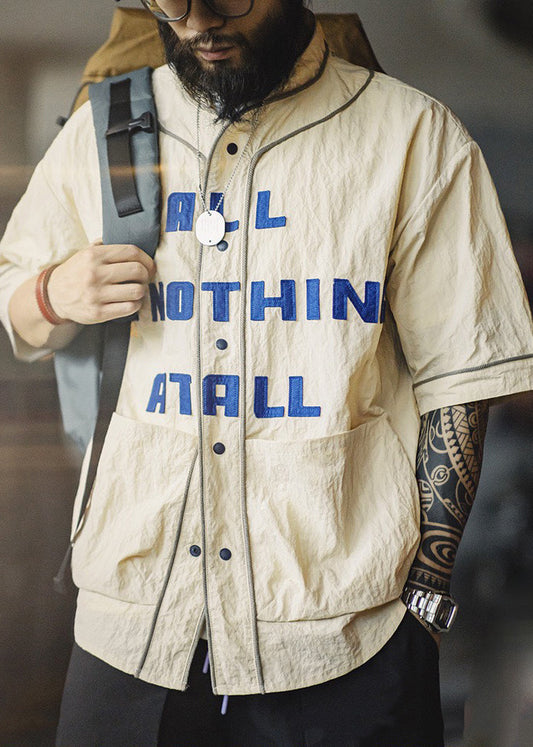 Letter Men Pockets Sleeve Button Plus Half Cotton Khaki Size Shirts