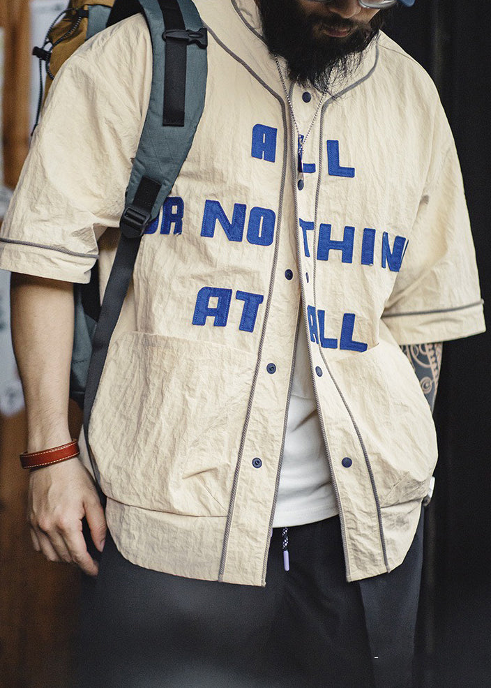 Letter Men Pockets Sleeve Button Plus Half Cotton Khaki Size Shirts