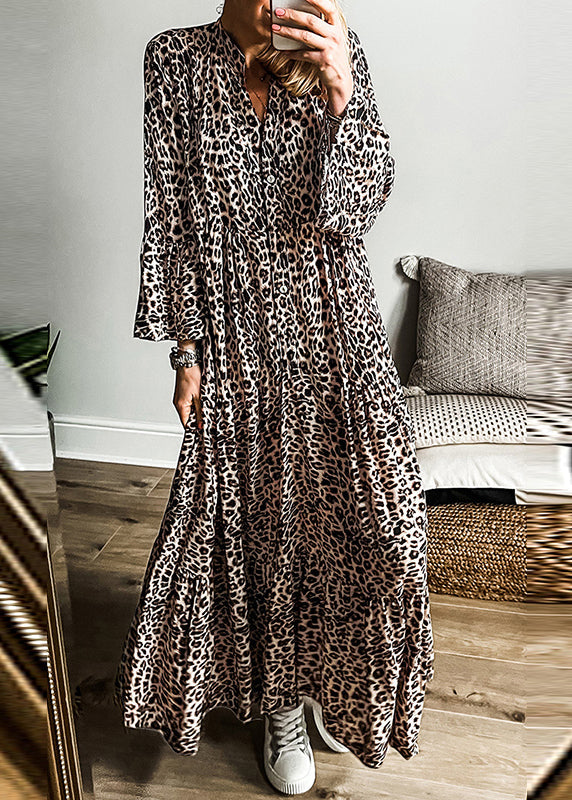 Maxi Leopard Dress Size Patchwork Neck Fall V Plus