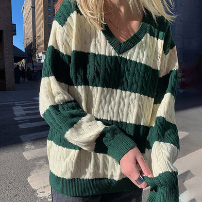 Dark Green Striped Knit Jumper