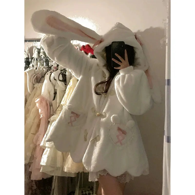 Kawaii Aesthetic Y2K Cute Fairy Rabbit Bunny Ears Plush Coat MK Kawaii Store