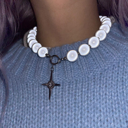 Reflective Pearl Cross Necklace